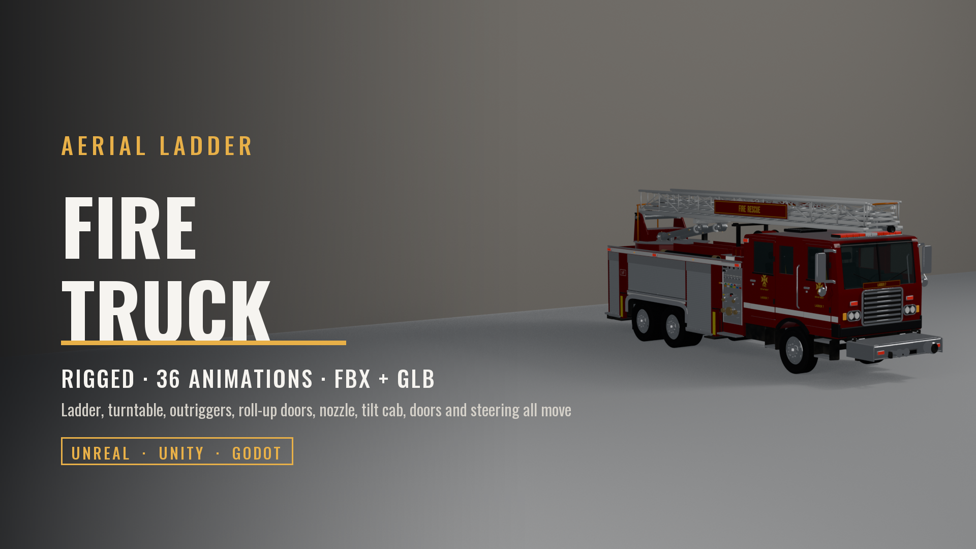 Fire Truck (Rigged & Animated: Aerial Ladder, Outriggers, Roll-Up Compartments)