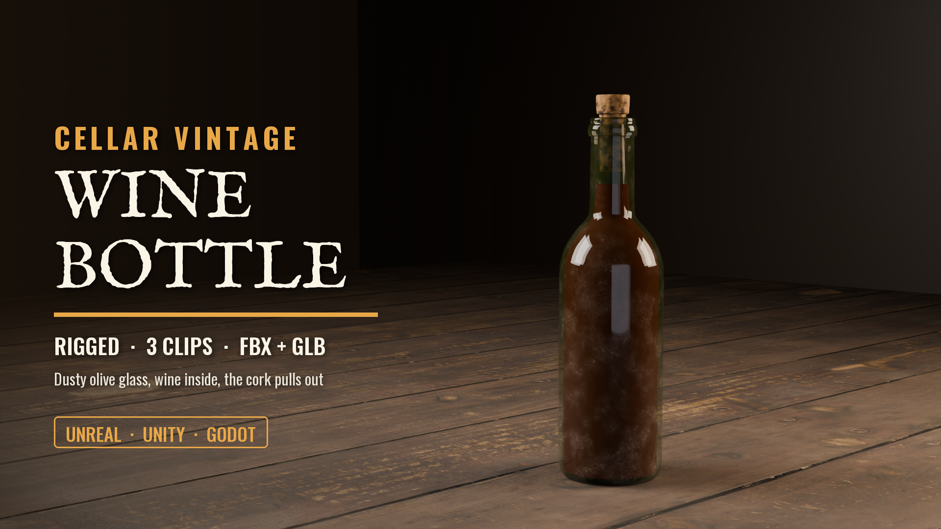 Aged Cellar Wine Bottle (Rigged Cork: Pull Out & Push In)