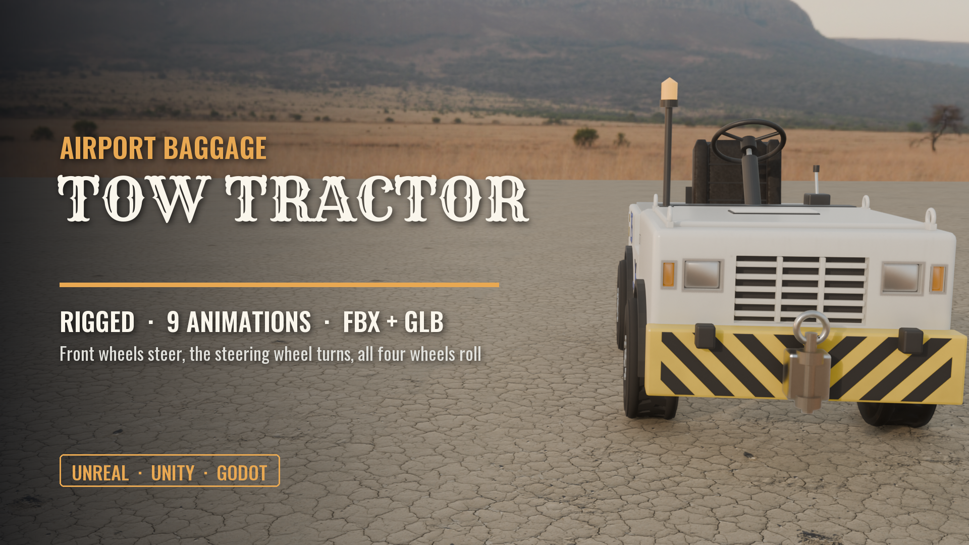 Airport Baggage Tow Tractor (Rigged, Steering & Rolling Wheels)