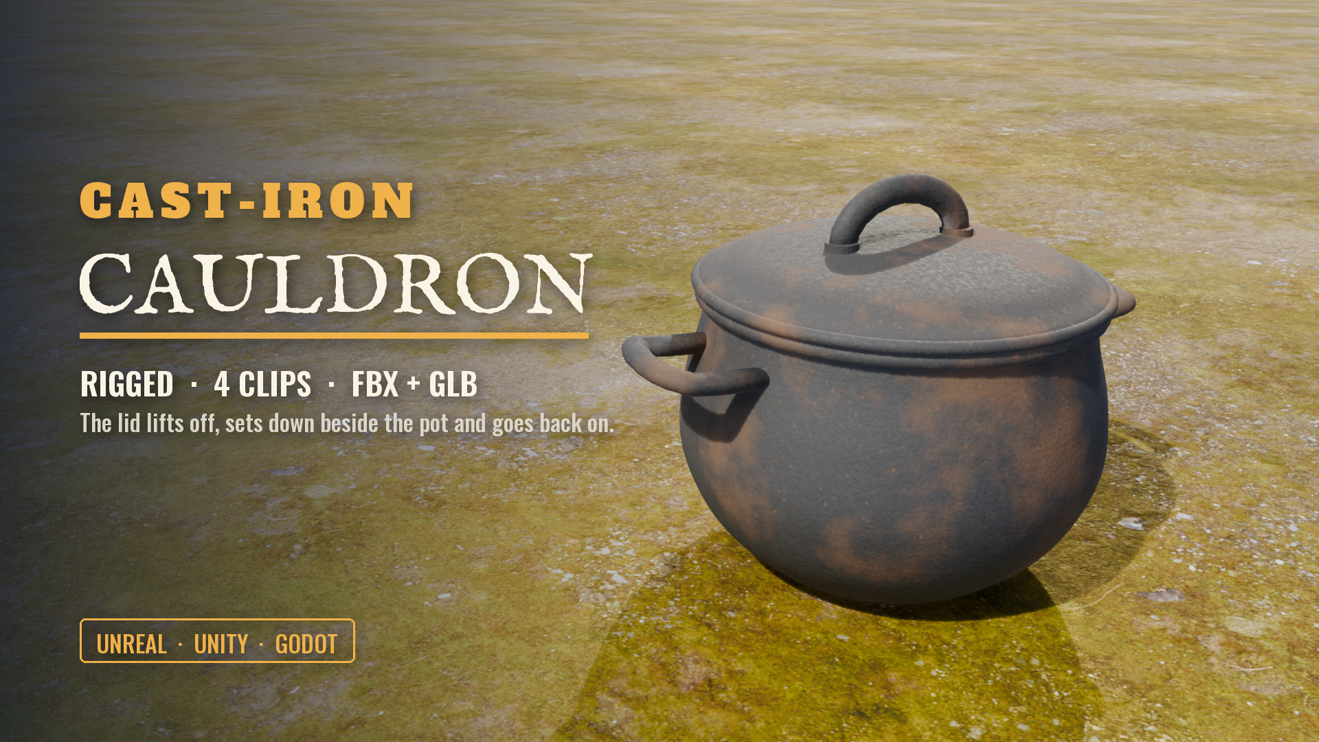 Cast-Iron Cauldron (Rigged, Lid On & Off)
