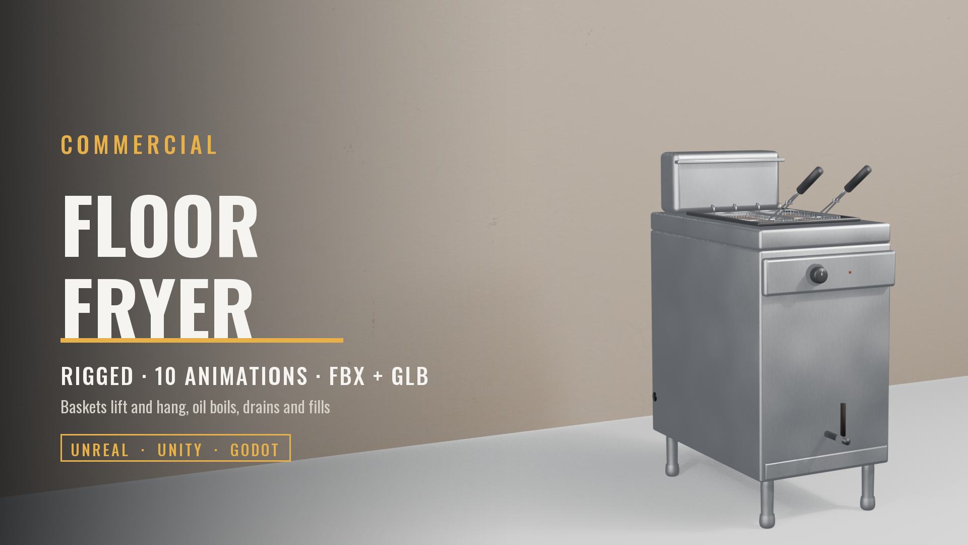 Commercial Floor Fryer (Rigged: Lifting Fry Baskets, Boiling Oil, Drain and Fill, Thermostat) with Fries