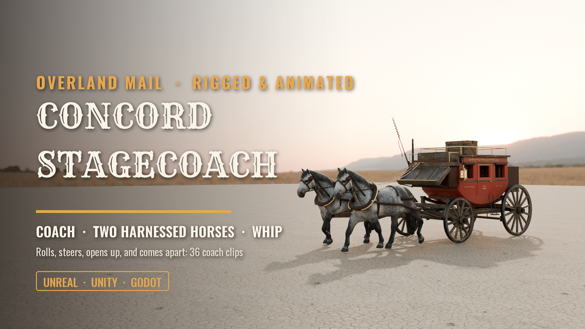 Concord Stagecoach with Harnessed Team (Rigged & Animated: Roll, Steer, Doors, Damage)