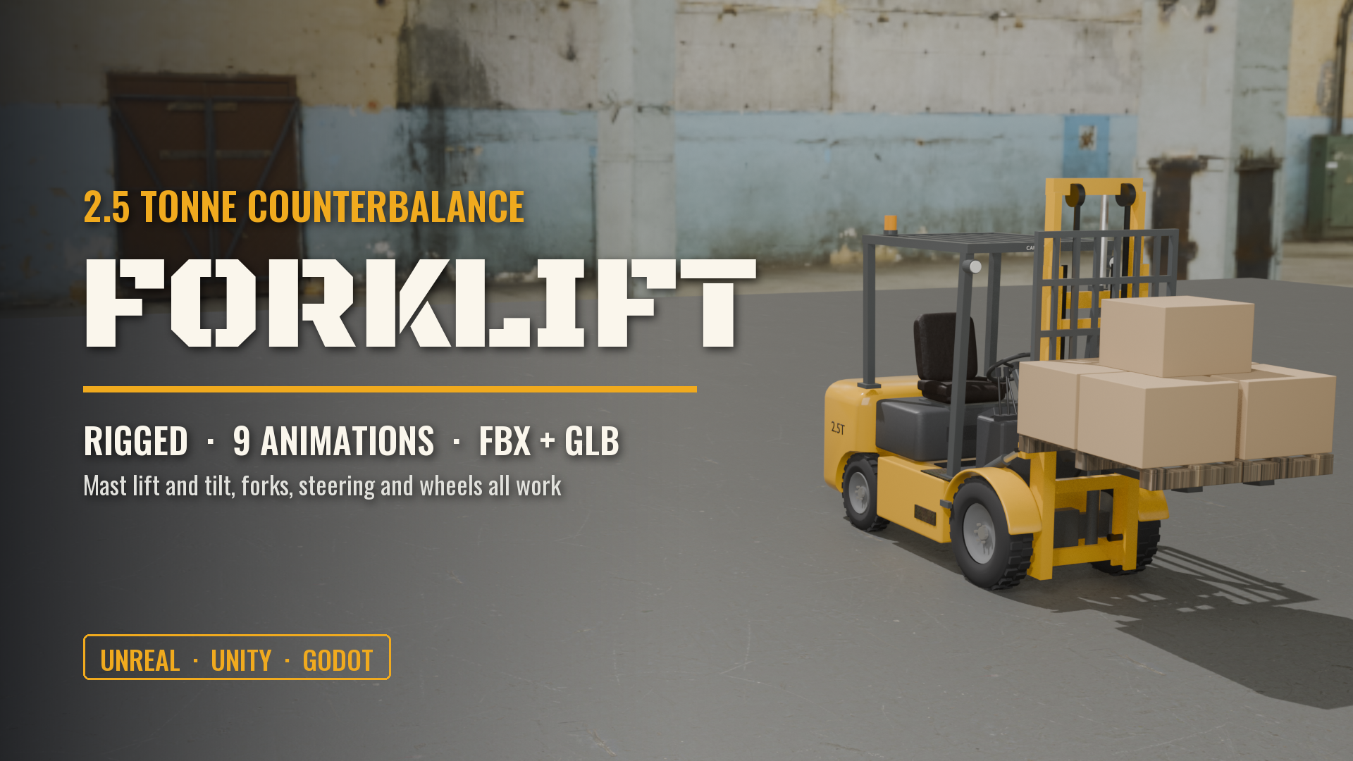 Counterbalance Forklift (Rigged & Animated: Lift, Tilt, Steer, Drive)