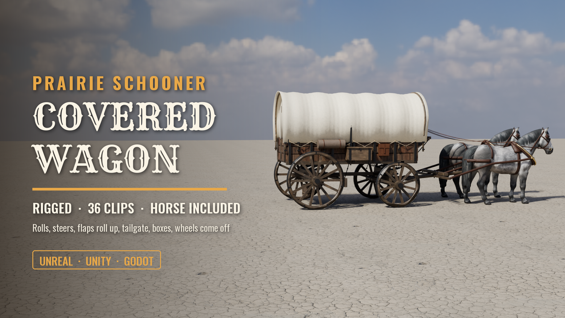 Covered Wagon with Harnessed Horse (Rigged & Animated: Roll, Steer, Flaps, Tailgate, Wheels Off)