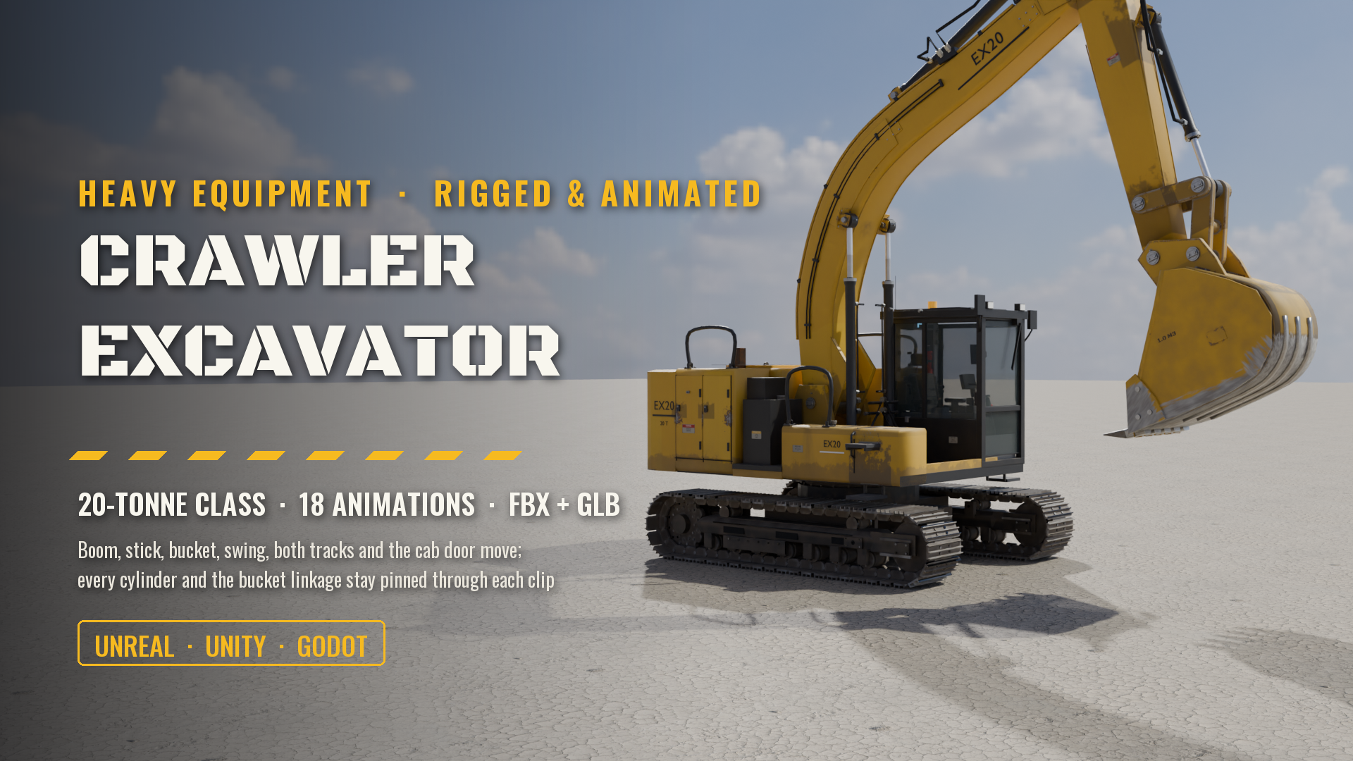 Crawler Excavator, 20-Tonne Class (Rigged & Animated: Boom, Stick, Bucket, Swing, Tracks, Cab)