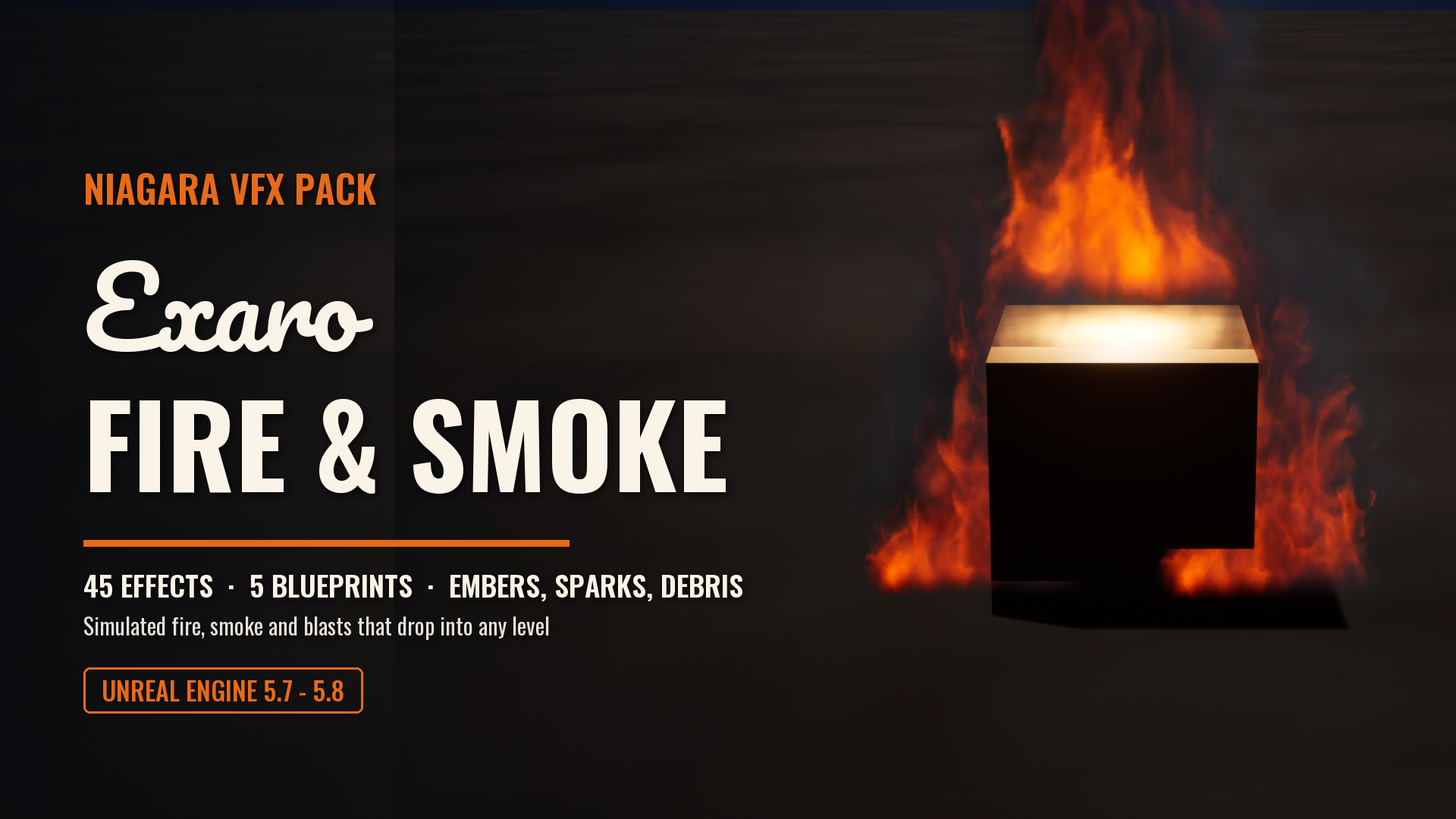 Exaro Fire & Smoke Essentials: 45 Niagara Fire, Smoke, Explosion and Dust Effects with Drop-in Blueprints