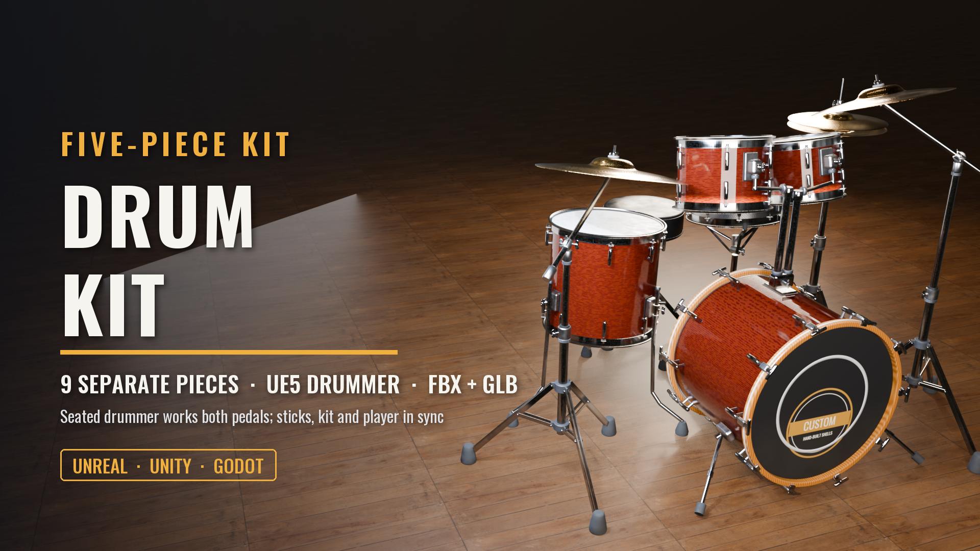Five-Piece Drum Kit (Playable: UE5 Mannequin Drummer, Sticks, Kick & Hi-Hat Pedals)