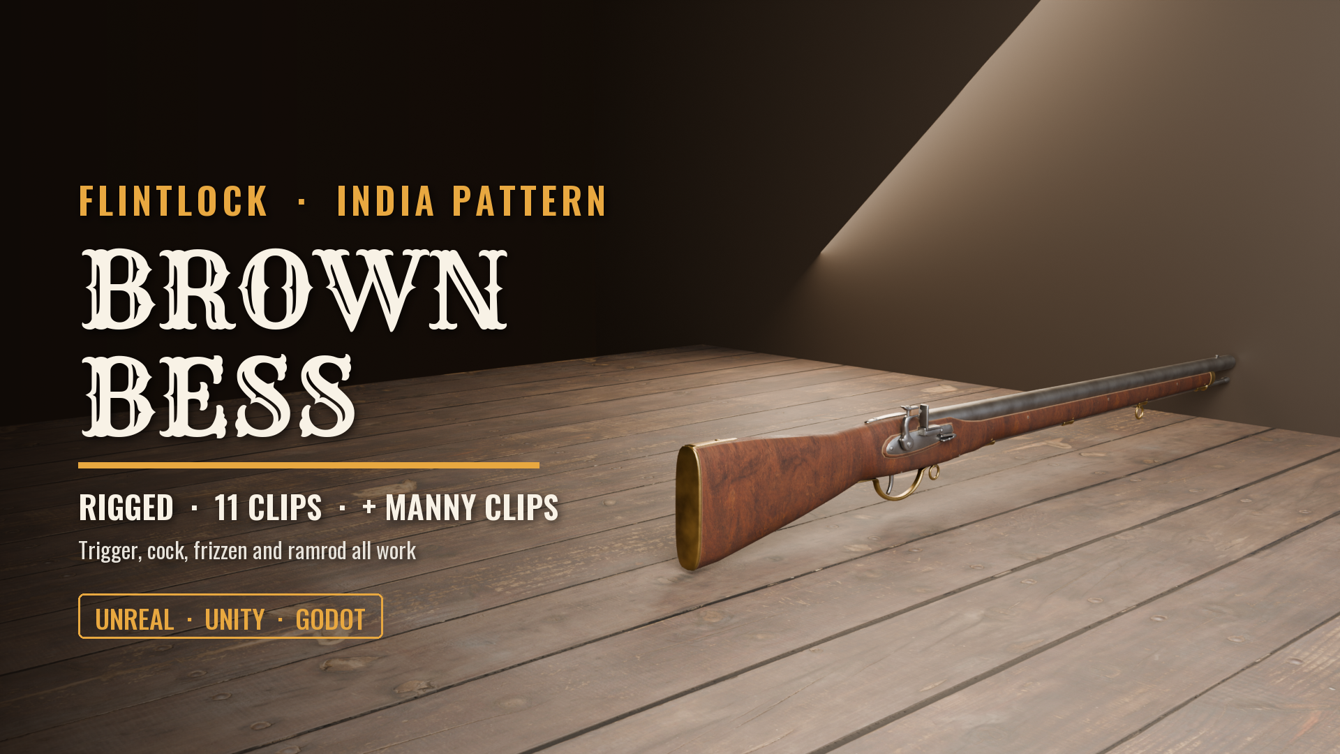 Brown Bess Flintlock Musket, India Pattern (Rigged: Trigger, Cock, Frizzen, Ramrod + Manny Aim & Fire Clips)