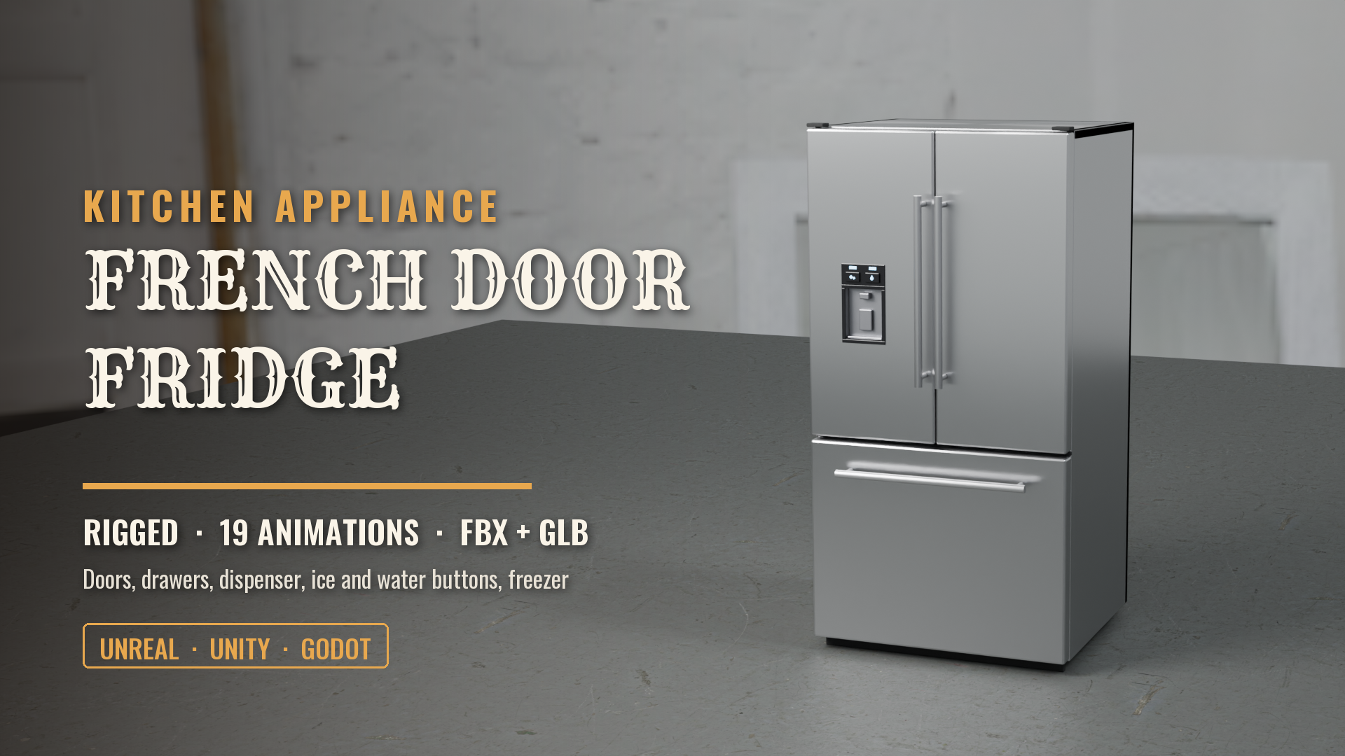 French Door Fridge (Rigged, 19 Animations)