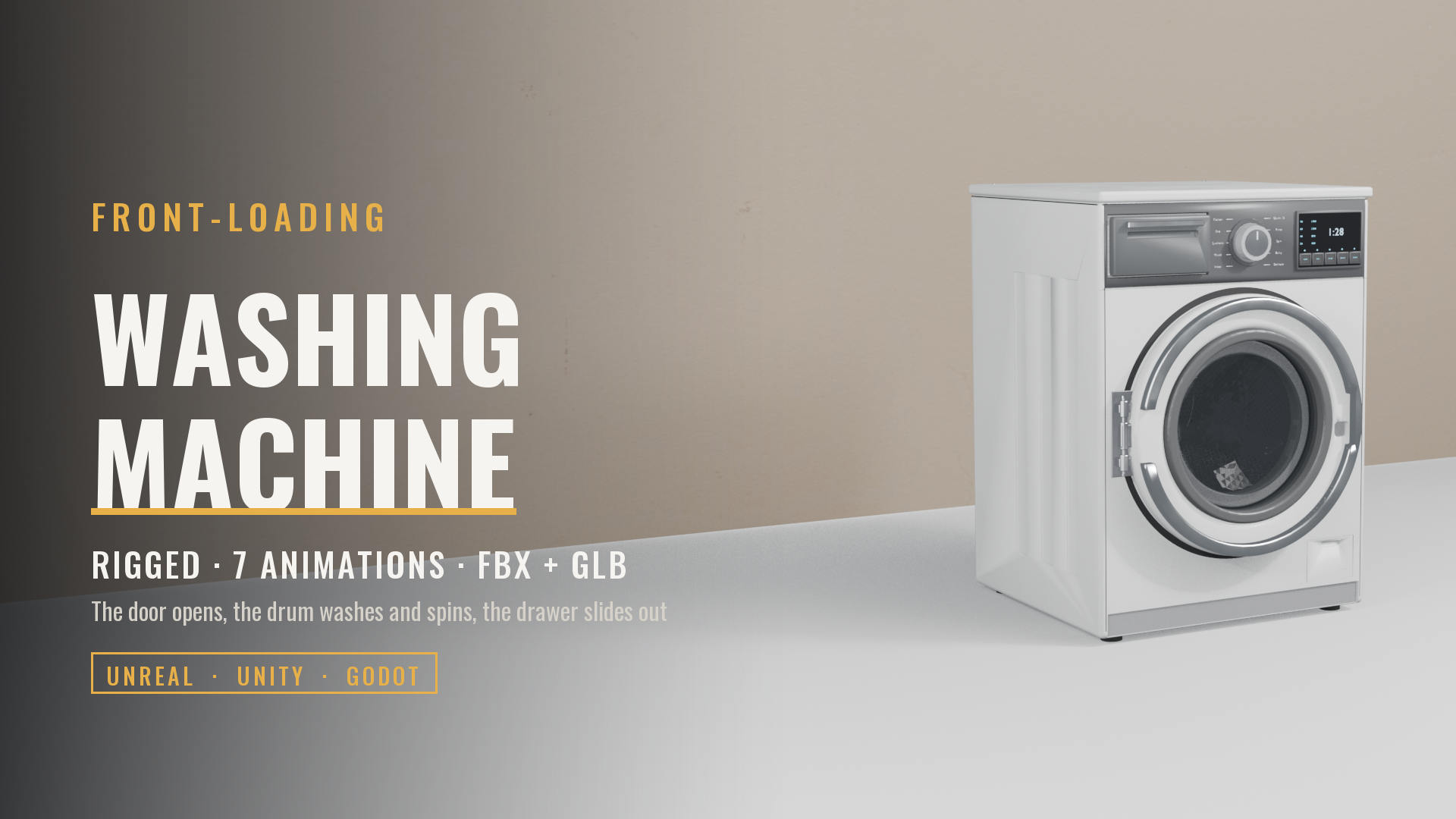 Front-Loading Washing Machine (Rigged: Opening Door, Wash and Spin Drum, Detergent Drawer, Program Knob)