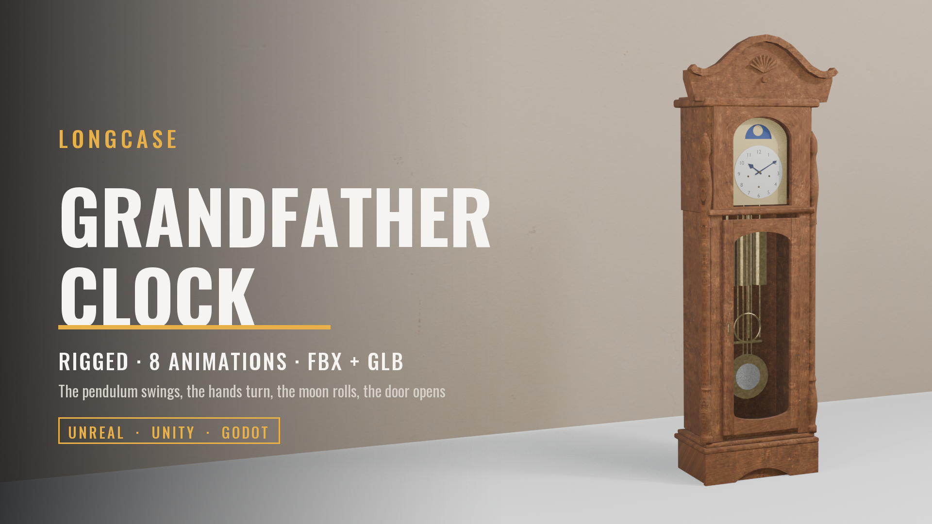 Grandfather Clock (Rigged, Swinging Pendulum & Moving Hands)