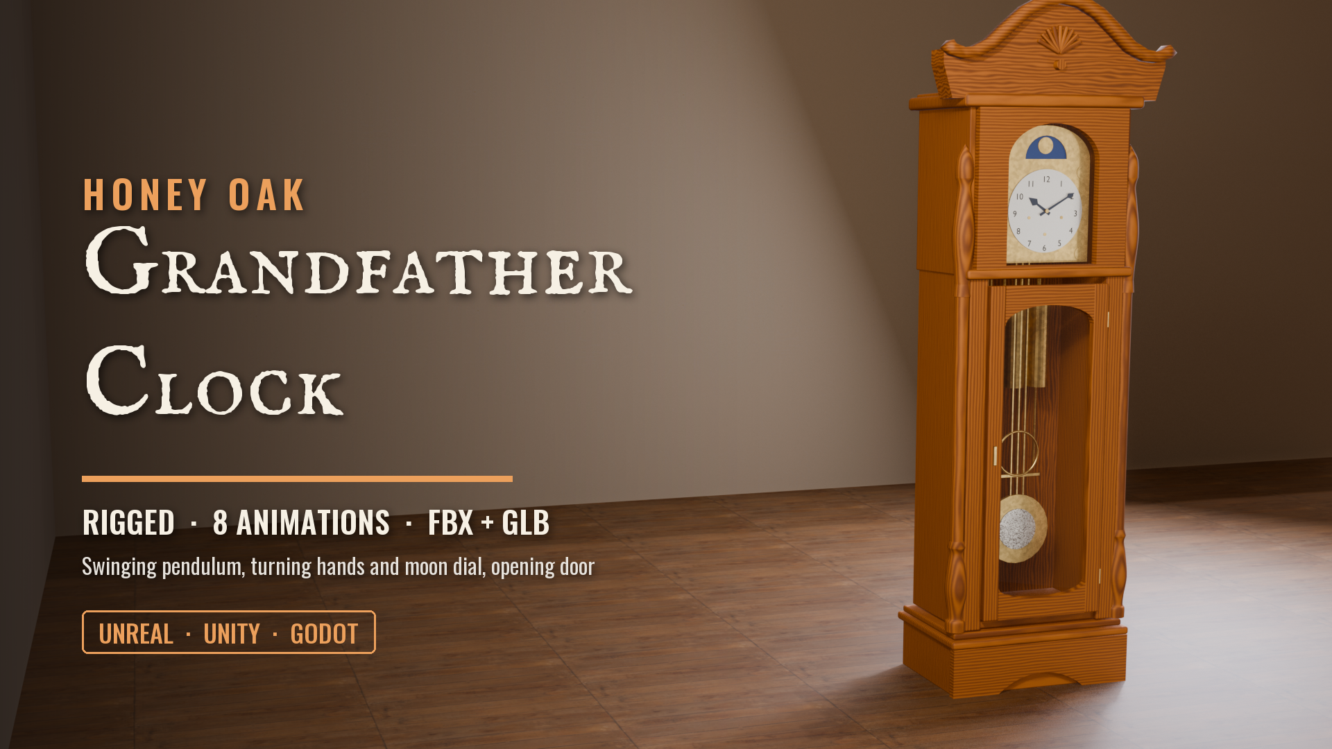 Grandfather Clock (Rigged, Swinging Pendulum & Moving Hands)