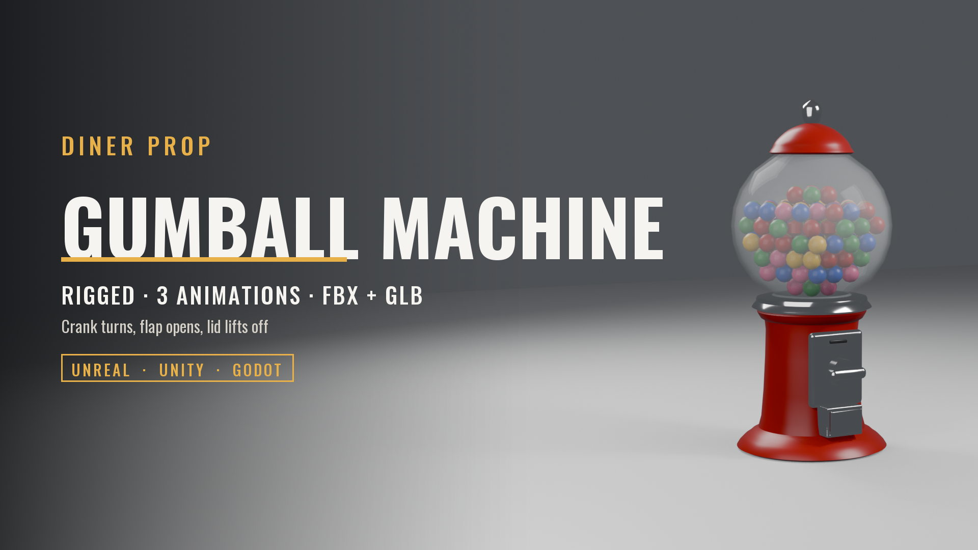 Classic Gumball Machine (Rigged: Turning Crank, Delivery Flap, Lift-Off Lid)