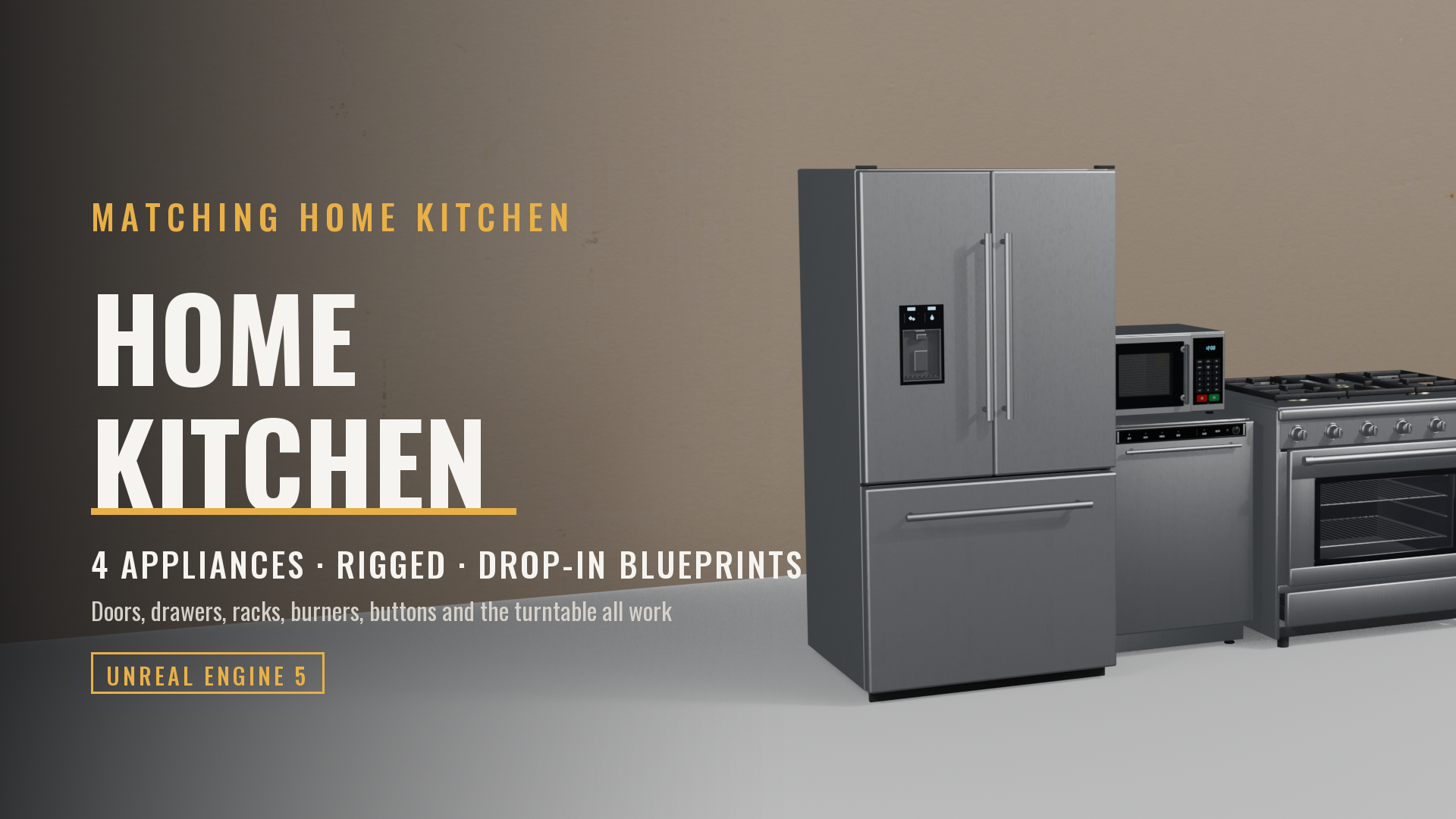 Home Kitchen Appliances Pack (Fridge, Gas Range, Dishwasher, Microwave; Rigged, Separate Meshes)
