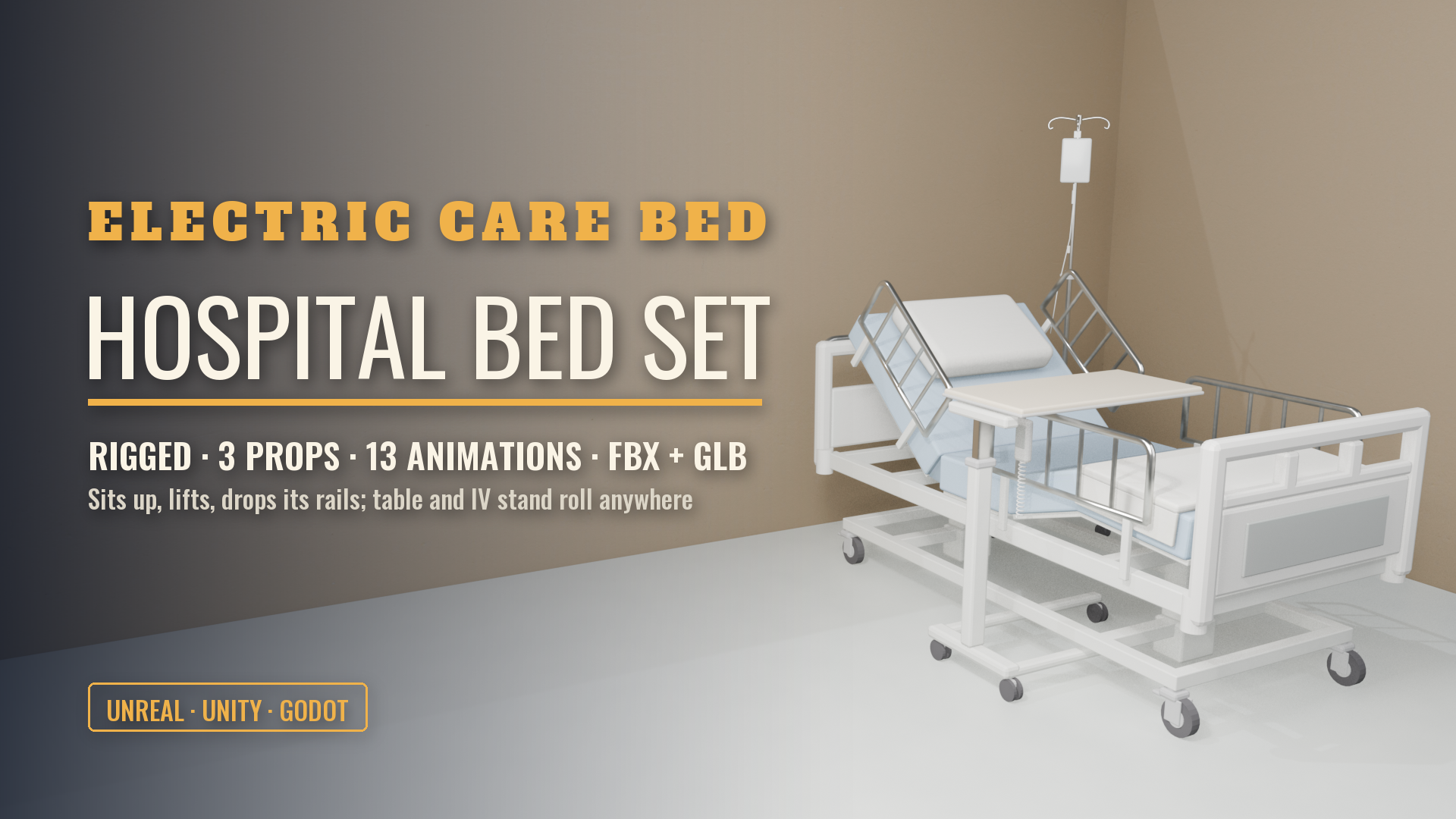 Hospital Bed Set: Electric Bed, Overbed Table and IV Stand (Rigged)