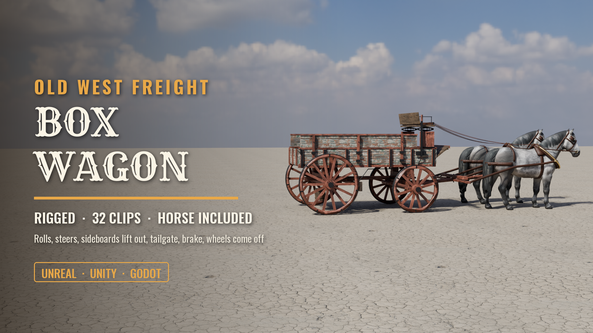 Old West Box Wagon with Harnessed Horse (Rigged & Animated: Roll, Steer, Sideboards, Tailgate, Brake)