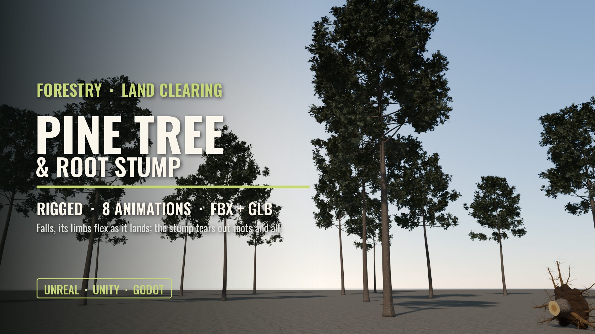 Pine Tree & Root Stump (Rigged: Felling, Limb Flex, Stump Pull-Out)