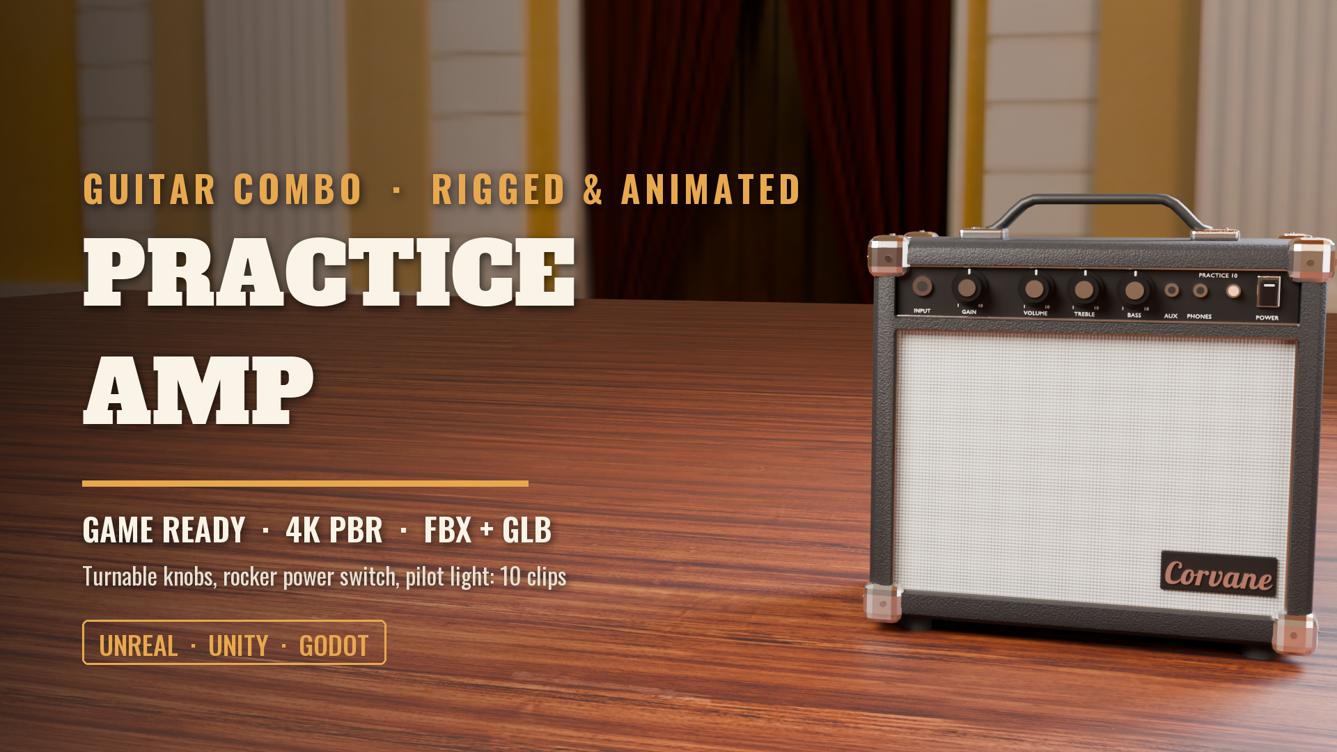 Practice Guitar Amp (Rigged & Animated: Turnable Knobs, Power Switch, Pilot Light)