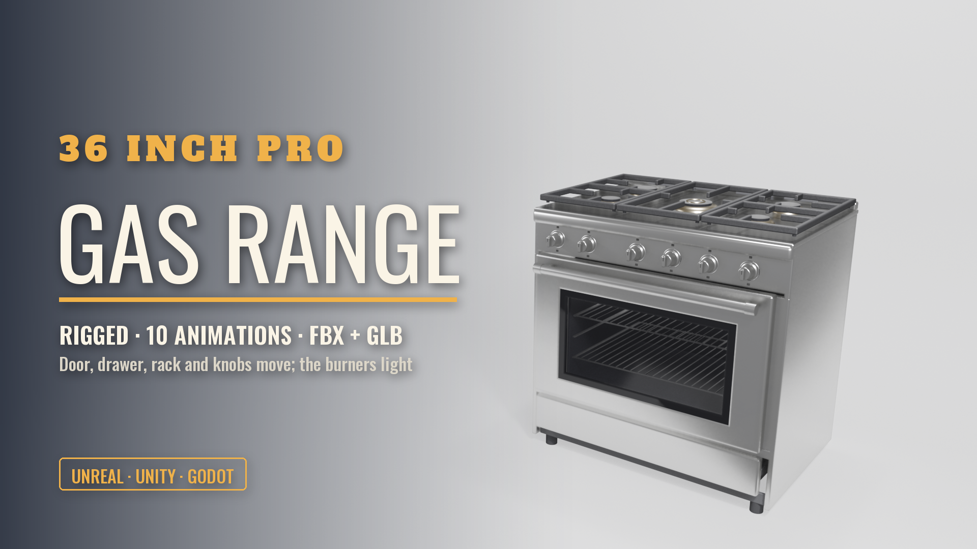 36 Inch Pro Gas Range (Rigged, Opening Door, Lit Burners)