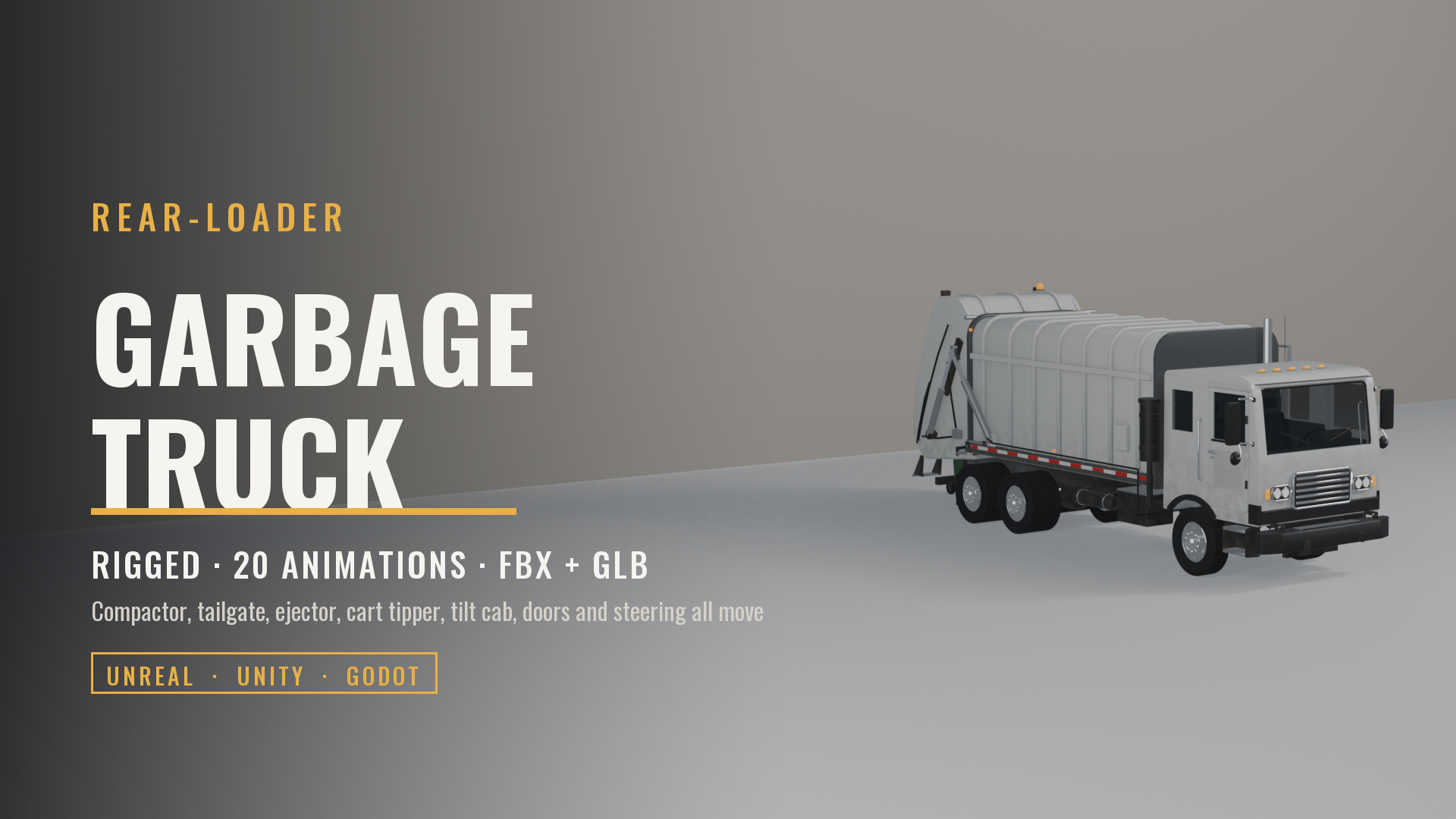 Garbage Truck (Rigged & Animated: Rear Loader, Cart Tipper, Tilt Cab)