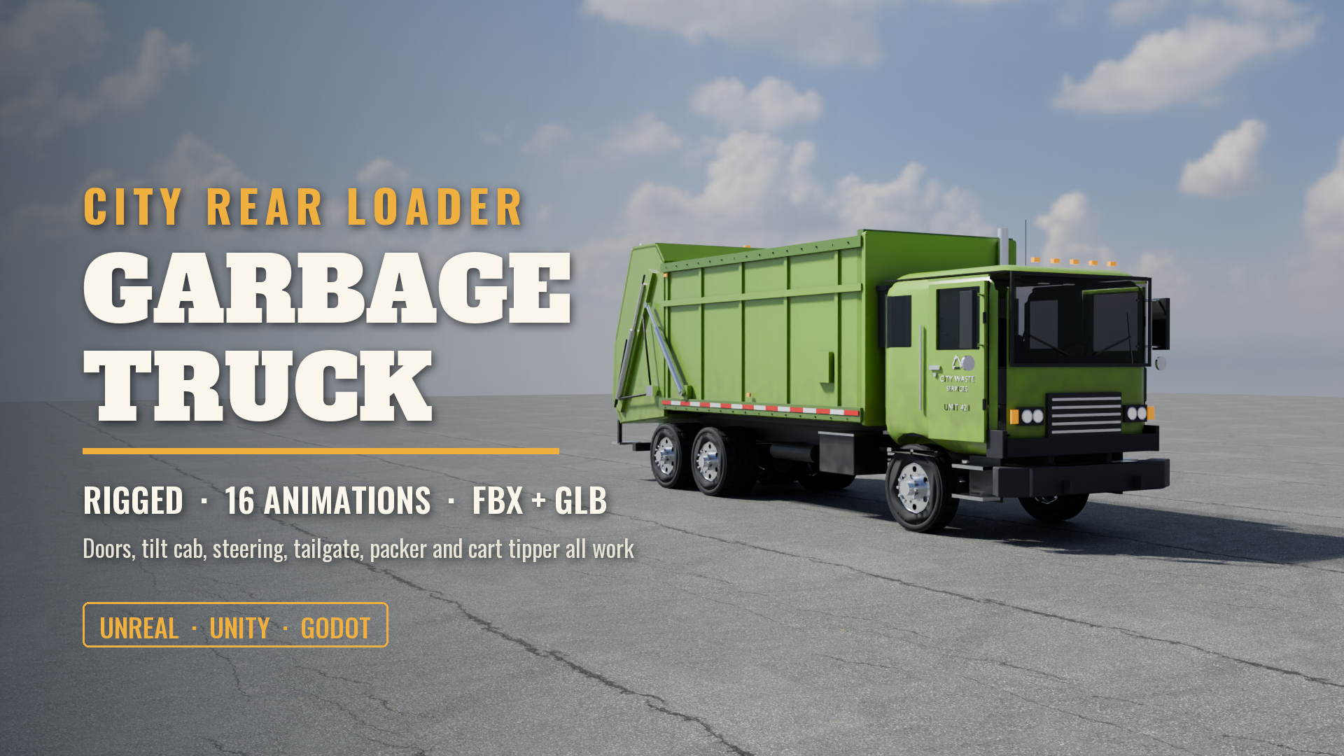 Garbage Truck (Rigged & Animated: Rear Loader, Cart Tipper, Tilt Cab)