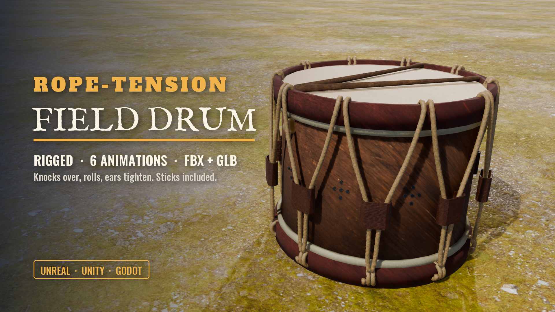 Rope-Tension Field Drum (Playable: UE5 Mannequin Drummer Animations, Separate Sticks, Knock-Over)
