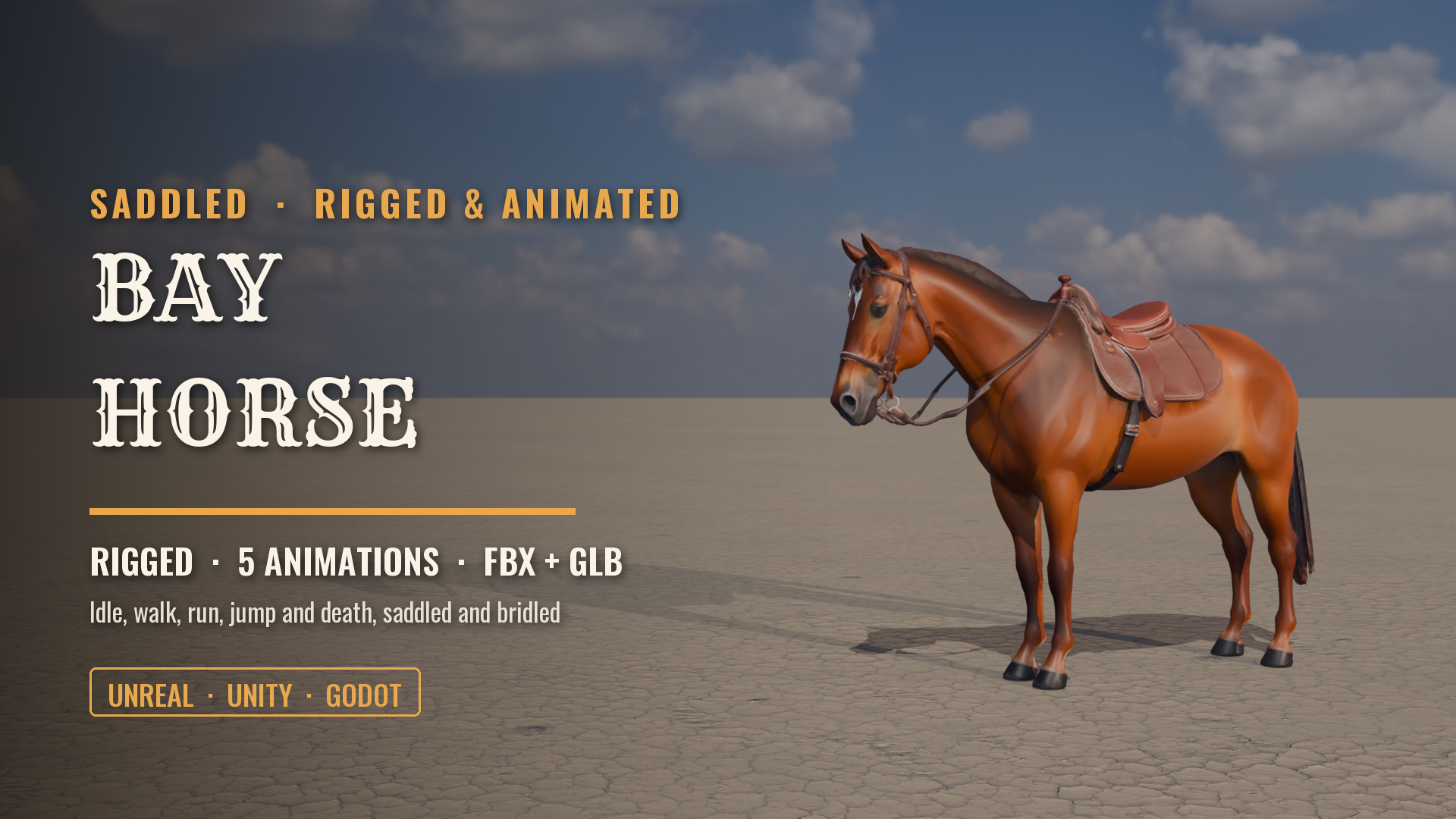 Saddled Bay Horse (Rigged & Animated: Idle, Walk, Run, Jump, Death)