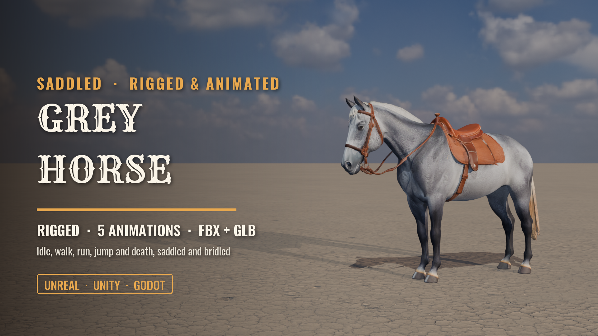 Saddled Grey Horse (Rigged & Animated: Idle, Walk, Run, Jump, Death)