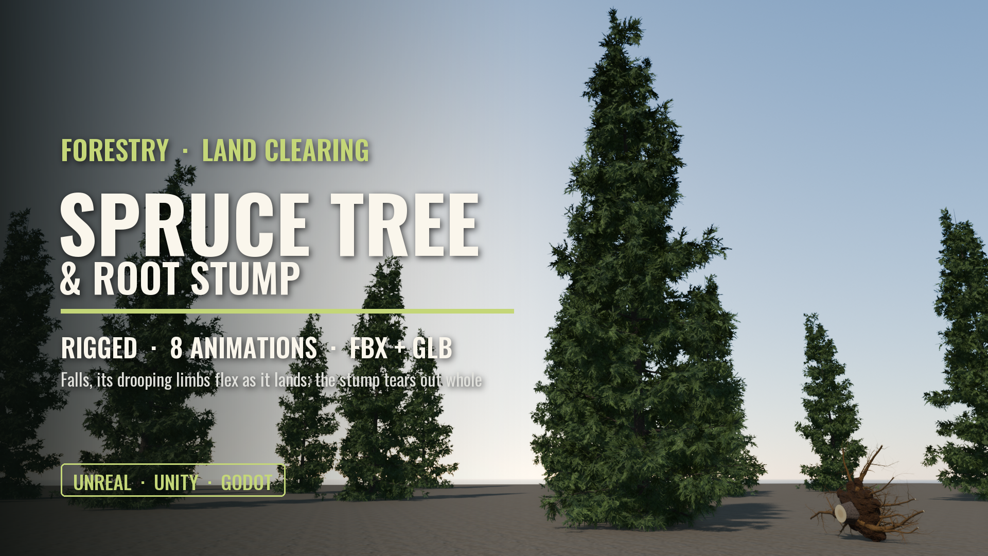 Spruce Tree & Root Stump (Rigged: Felling, Limb Flex, Stump Pull-Out)