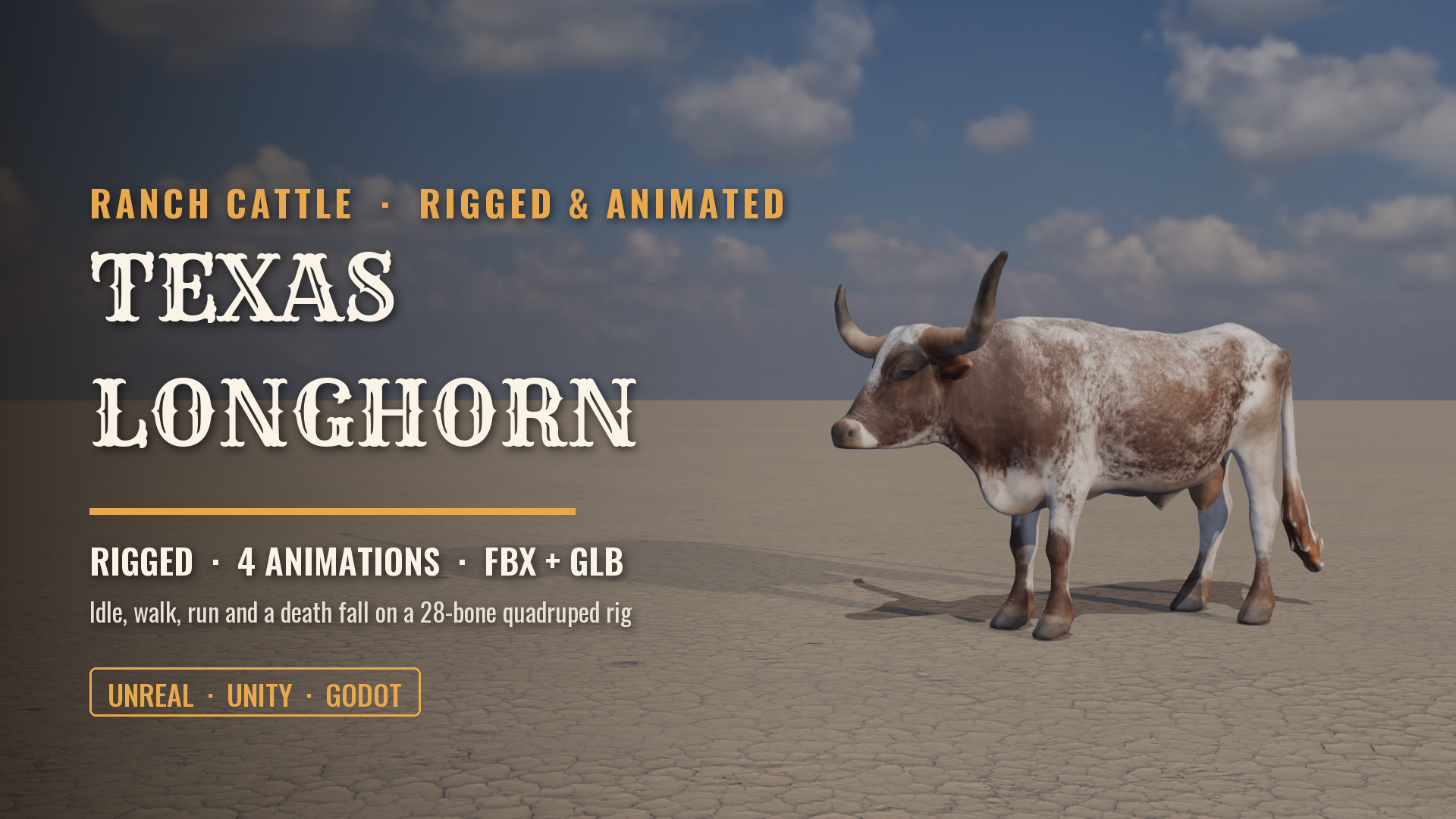 Texas Longhorn Cow (Rigged & Animated: Idle, Walk, Run, Death)