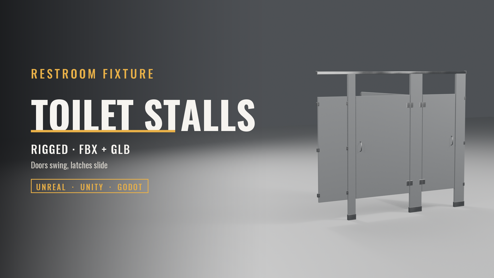 Restroom Toilet Stalls, Two Stalls (Rigged Doors and Latches, 7 Colours)