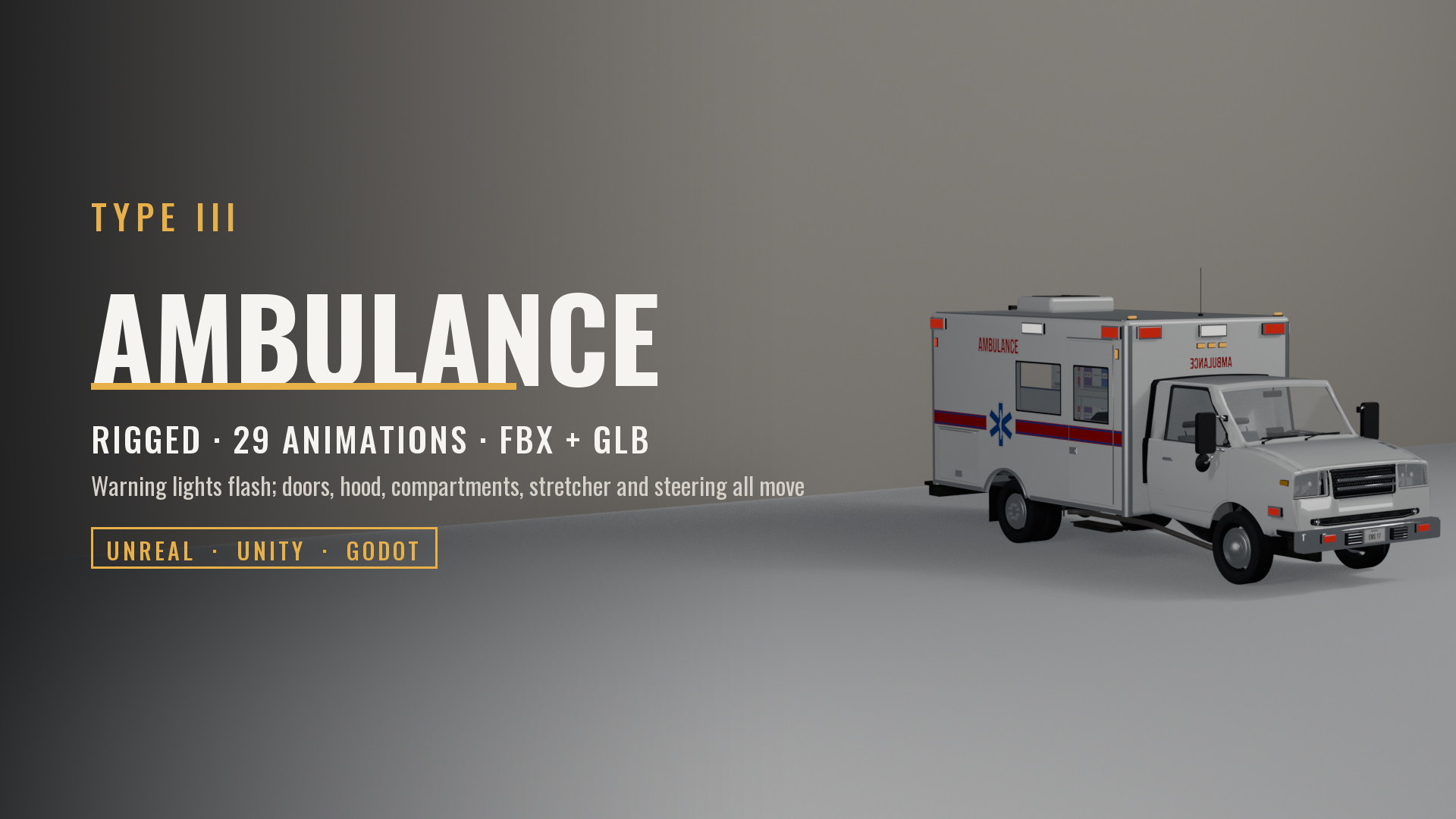 Type III Ambulance (Rigged & Animated: Flashing Lights, Stretcher, Opening Doors)