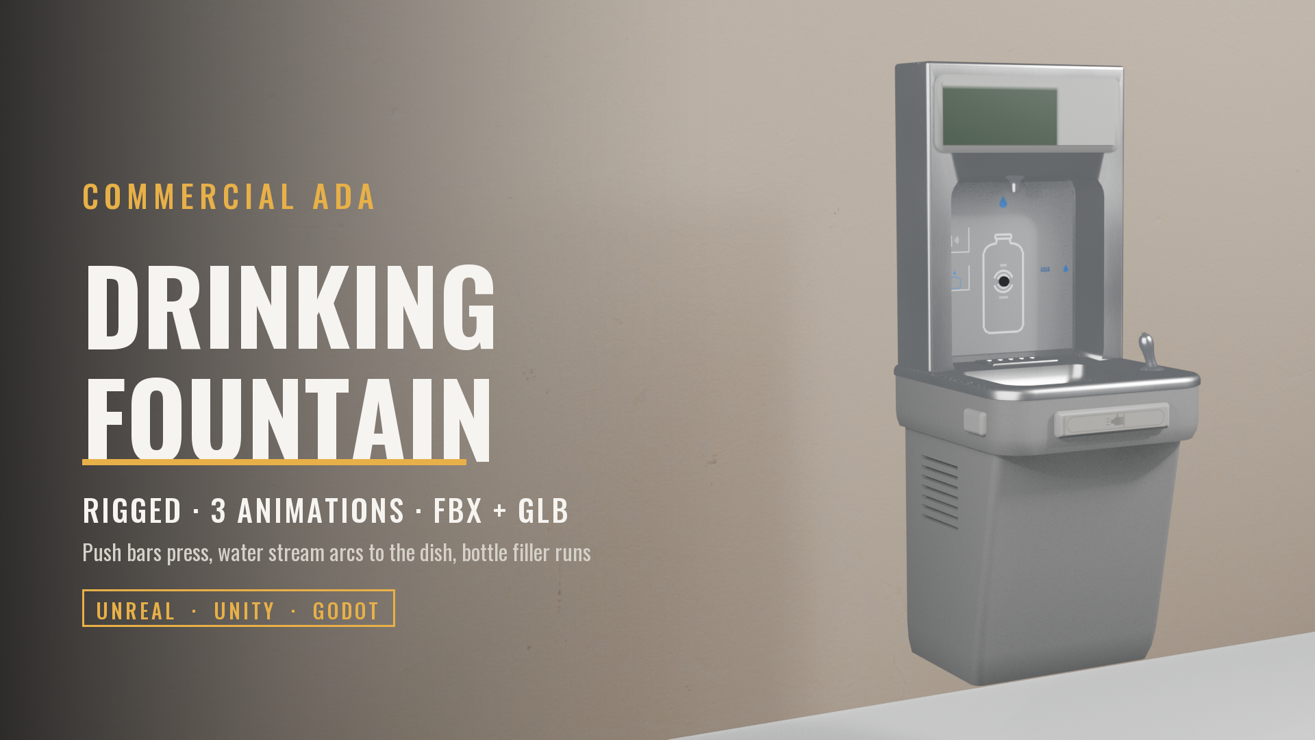 Wall Drinking Fountain with Bottle Filler (Rigged, Running Water)