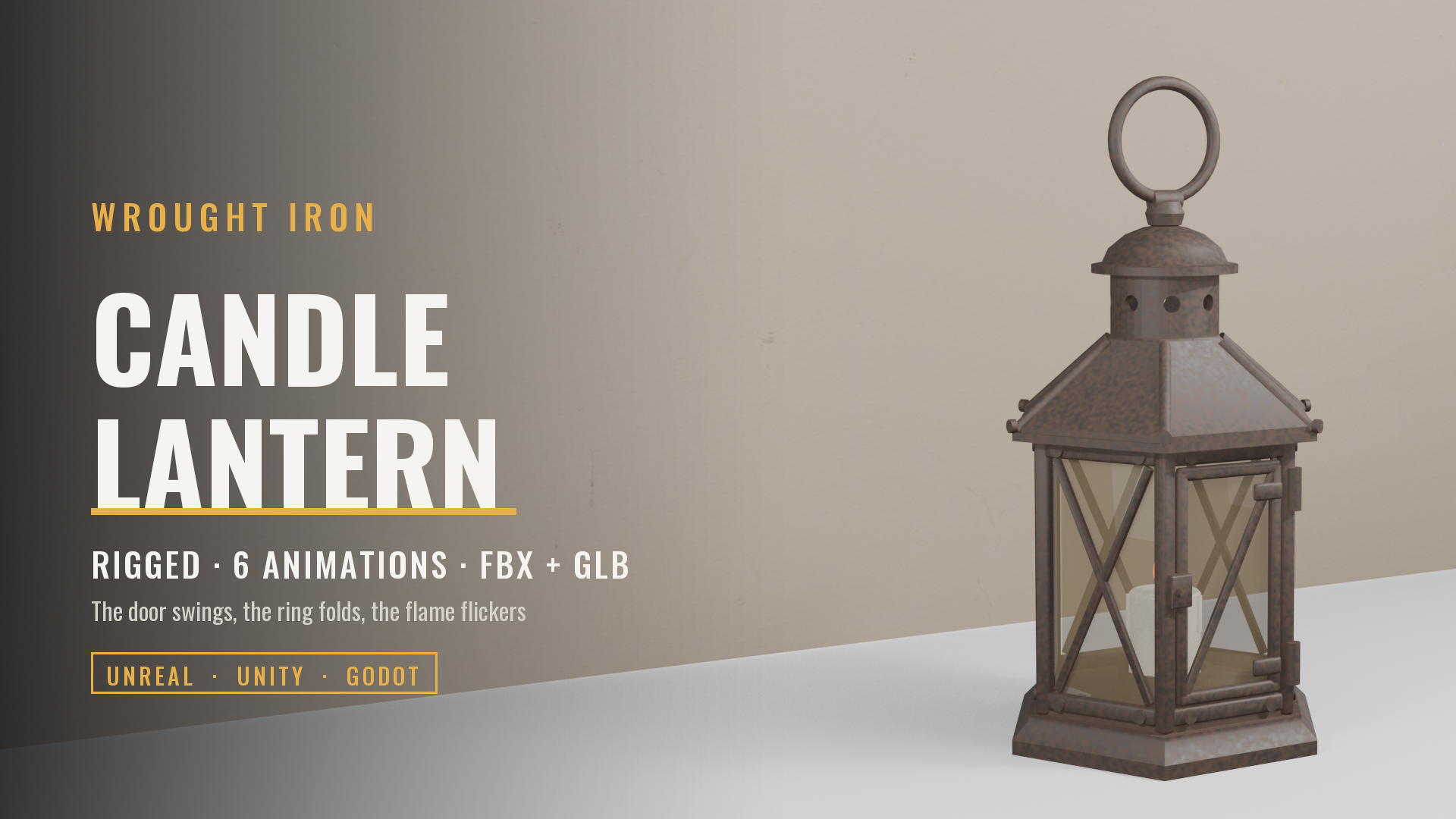 Wrought Iron Candle Lantern (Rigged & Animated: Door, Ring, Swing, Flame)