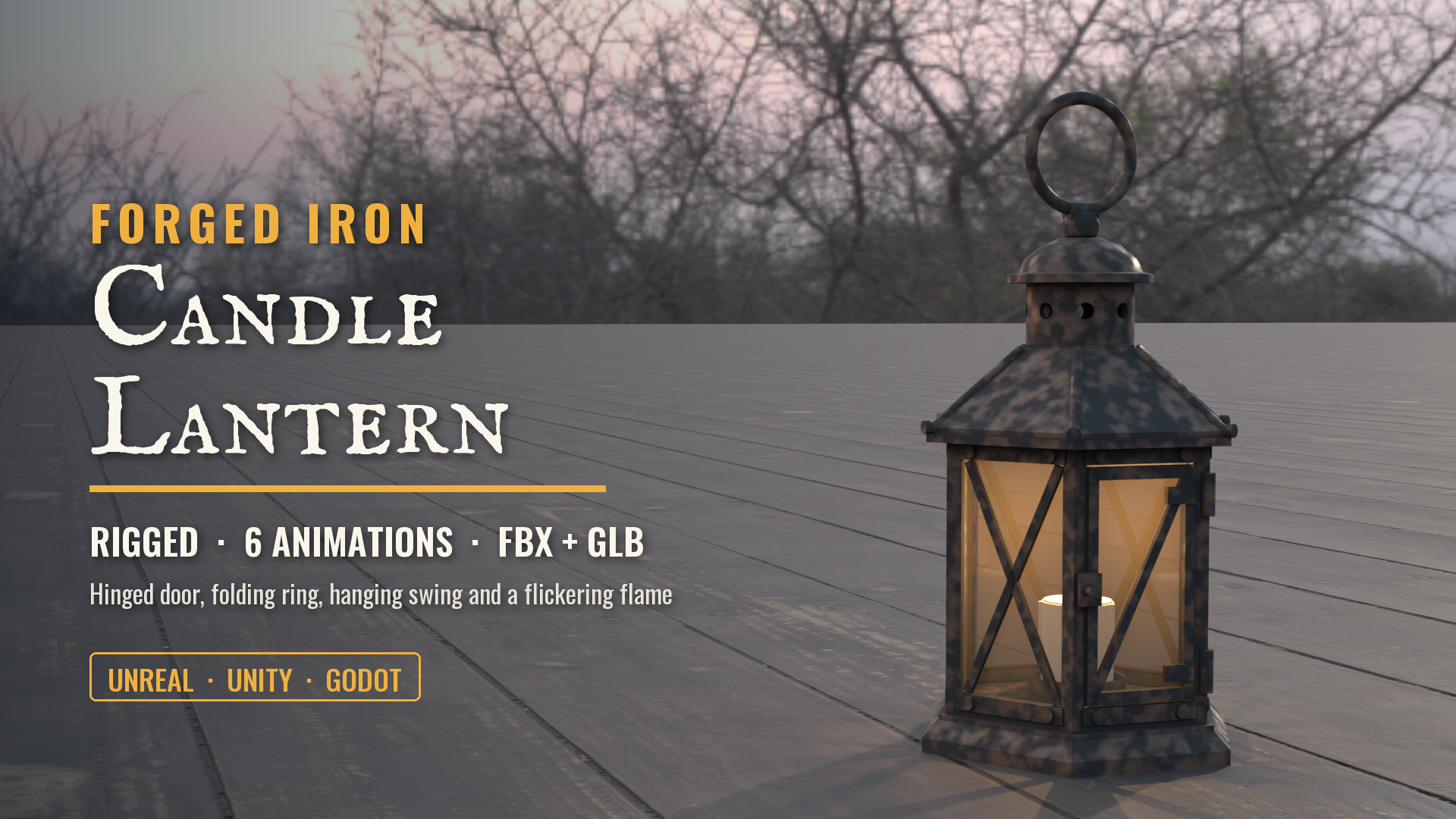 Wrought Iron Candle Lantern (Rigged & Animated: Door, Ring, Swing, Flame)