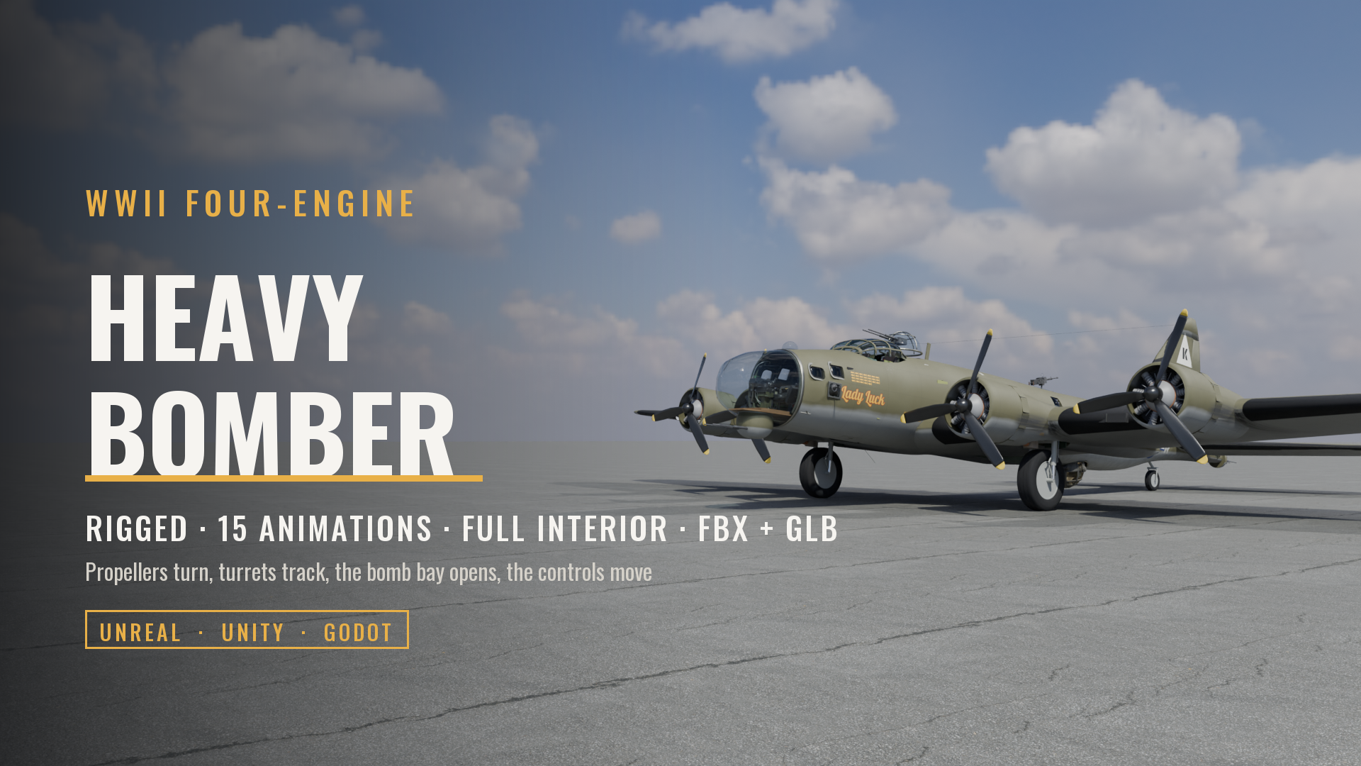 WWII Heavy Bomber, Four-Engine (Rigged & Animated: Propellers, Turrets, Bomb Bay, Controls, Full Crew Interior)